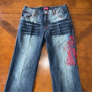 Raw Blue Lady Womens Juniors Red Embroidered Geisha Blue Denim Jeans 13 14